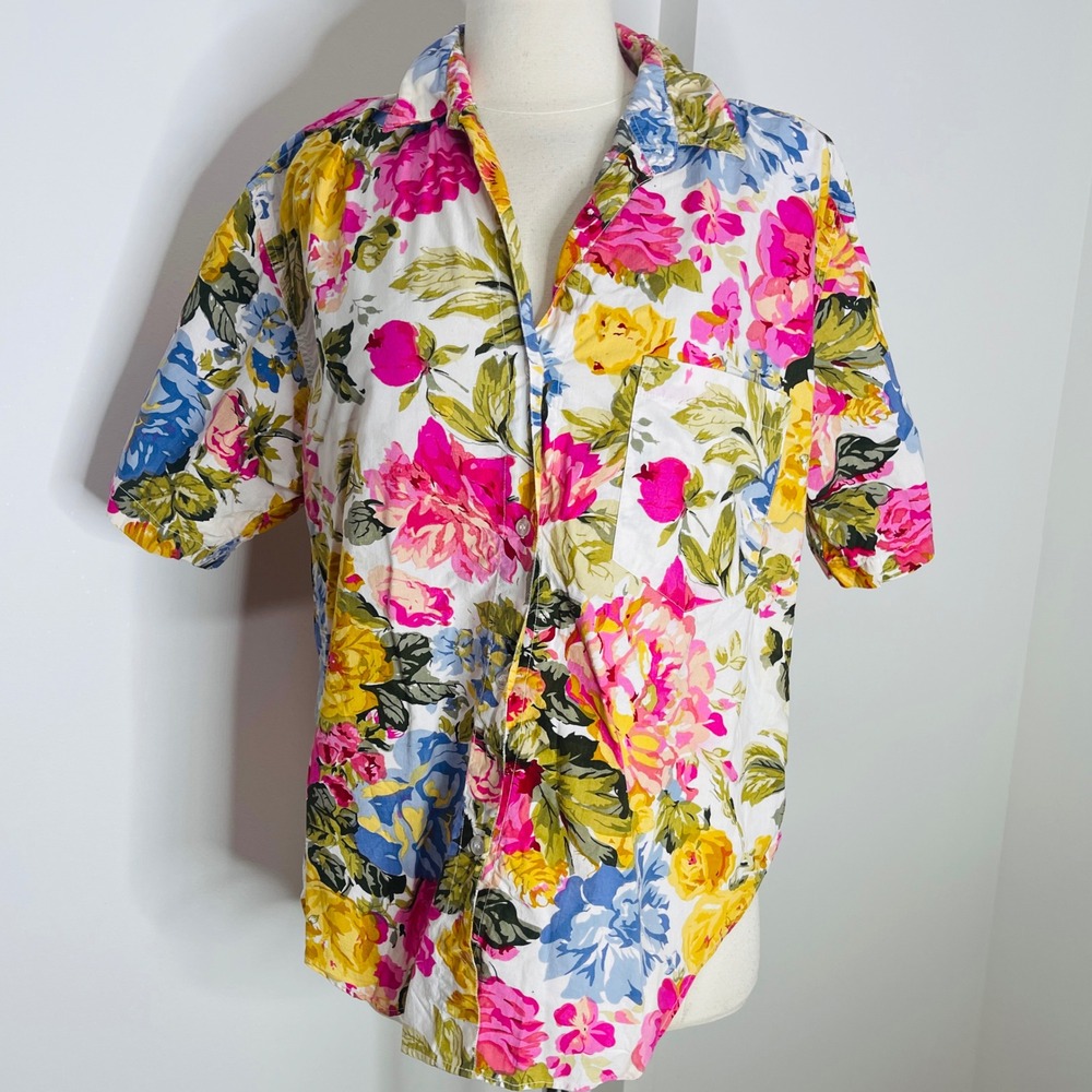 Andrew Sports Studio Floral Cotton Short Sleeve Button Up Shirt Pink Yellow M